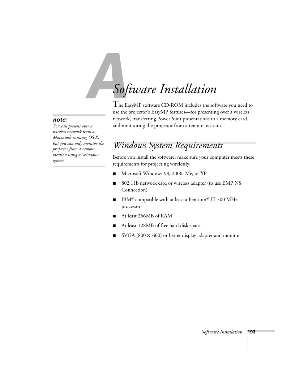Software installation, Windows system requirements | Epson 7850p User Manual | Page 193 / 224