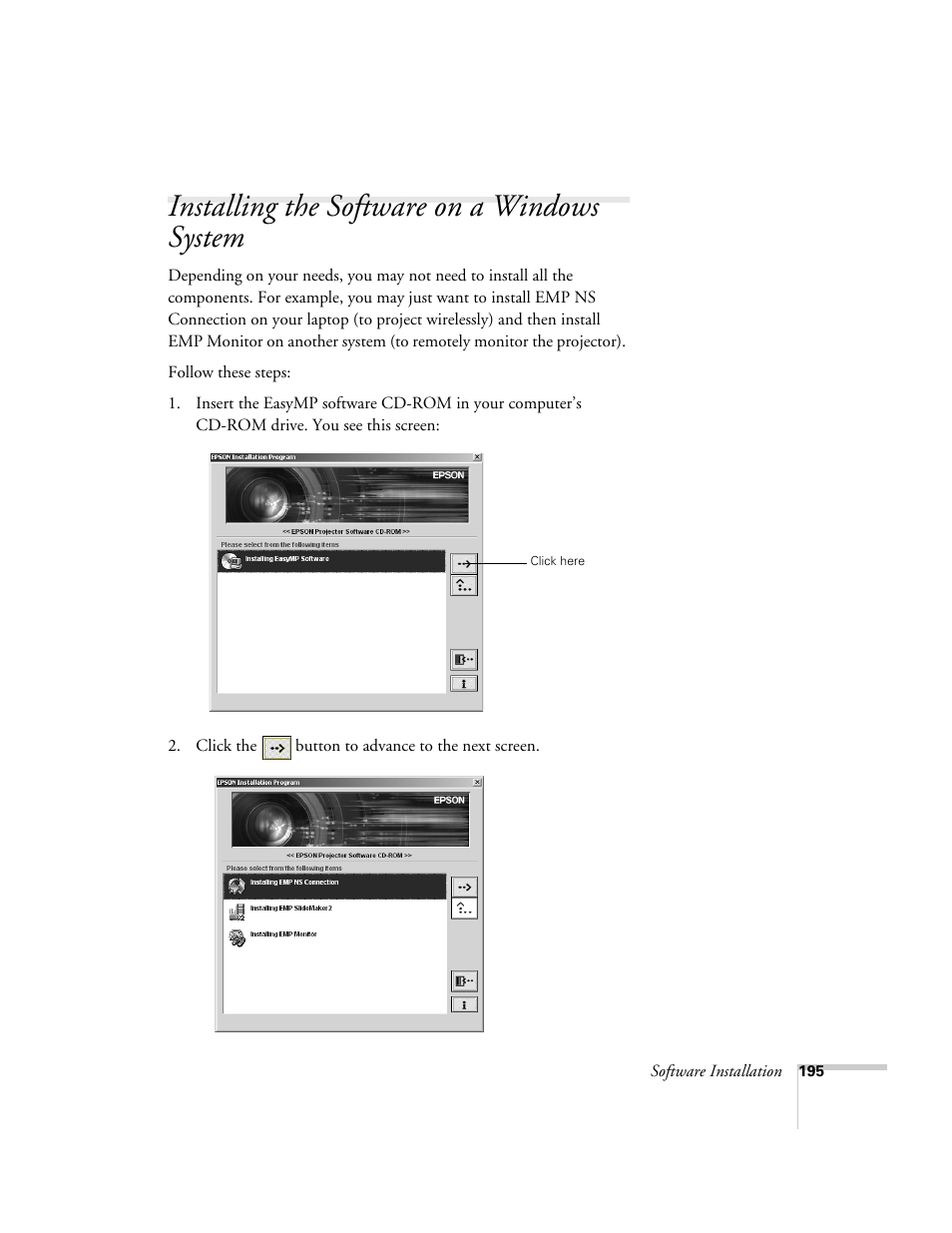 Installing the software on a windows system | Epson 7850p User Manual | Page 195 / 224