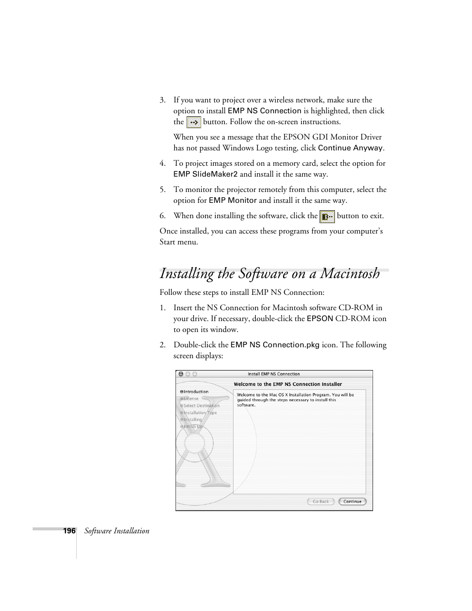 Installing the software on a macintosh | Epson 7850p User Manual | Page 196 / 224