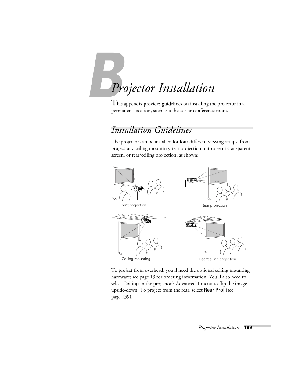 Projector installation, Installation guidelines | Epson 7850p User Manual | Page 199 / 224