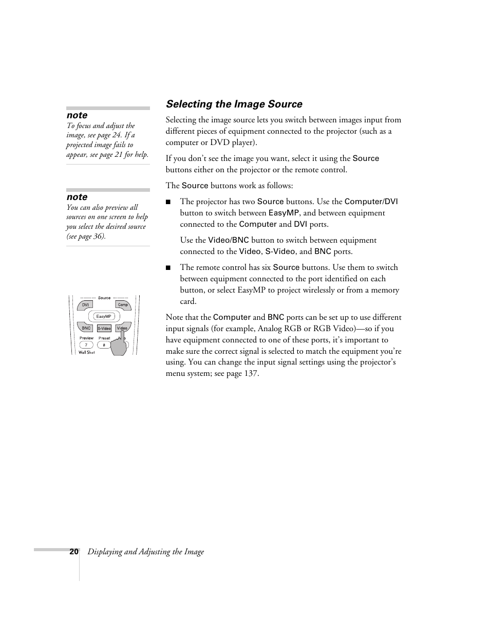 Selecting the image source | Epson 7850p User Manual | Page 20 / 224