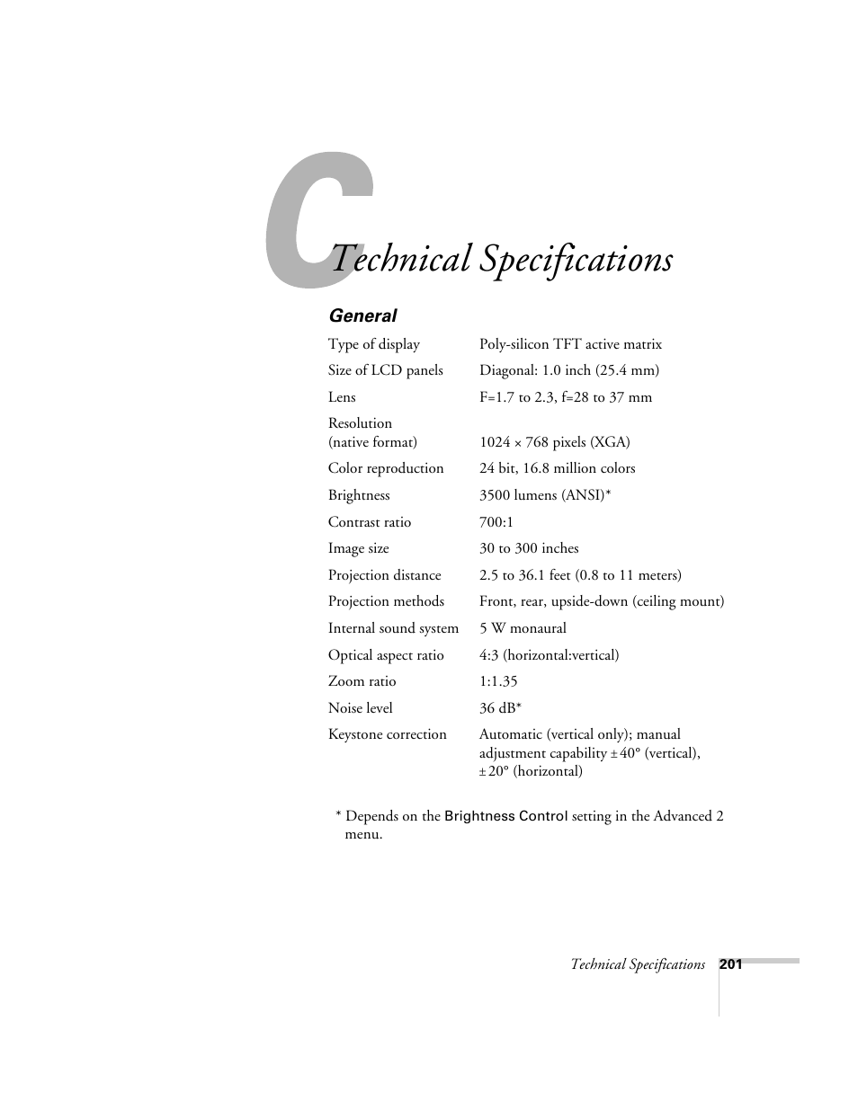 Technical specifications, General | Epson 7850p User Manual | Page 201 / 224