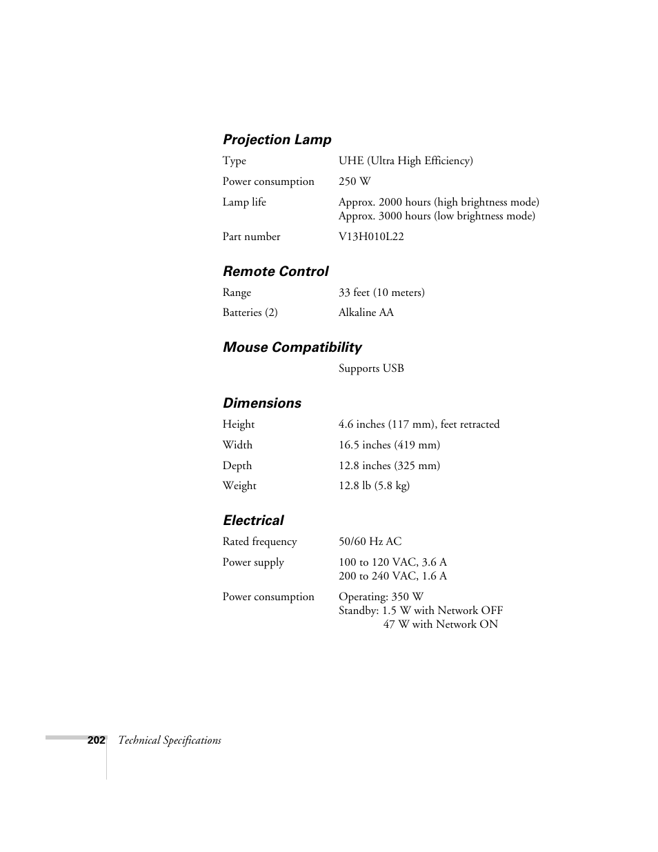 Projection lamp, Remote control, Mouse compatibility | Dimensions, Electrical | Epson 7850p User Manual | Page 202 / 224