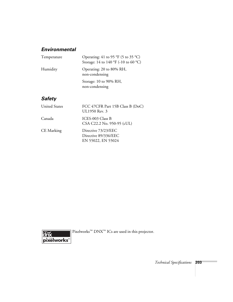 Environmental, Safety | Epson 7850p User Manual | Page 203 / 224