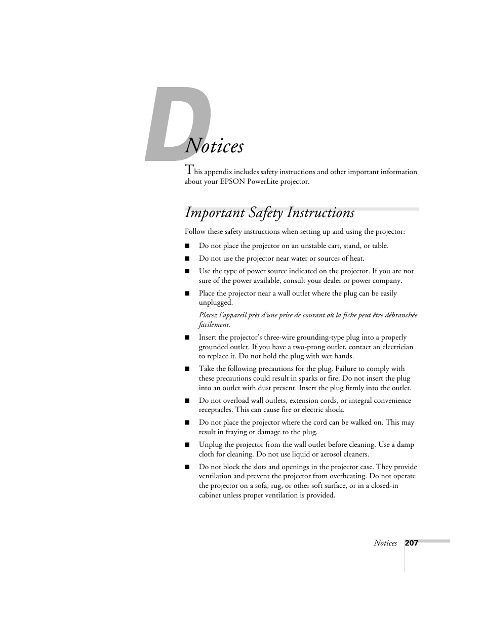 Notices, Important safety instructions | Epson 7850p User Manual | Page 207 / 224