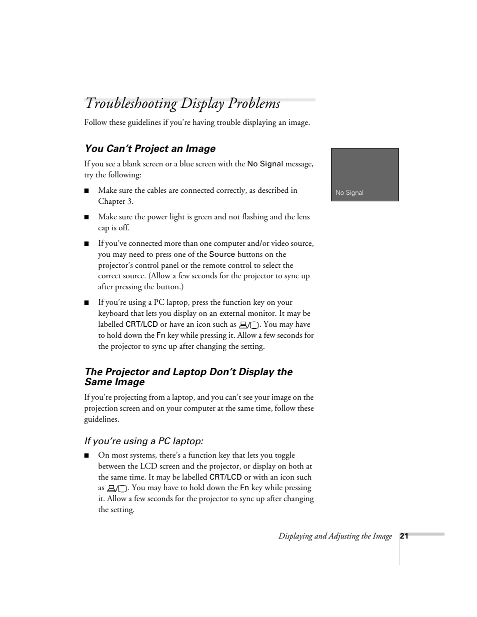 Troubleshooting display problems, You can’t project an image, The same image | Epson 7850p User Manual | Page 21 / 224