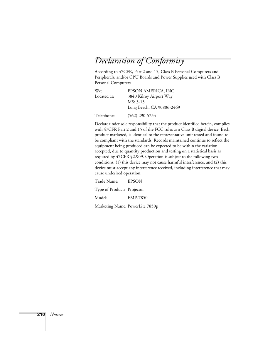 Declaration of conformity | Epson 7850p User Manual | Page 210 / 224