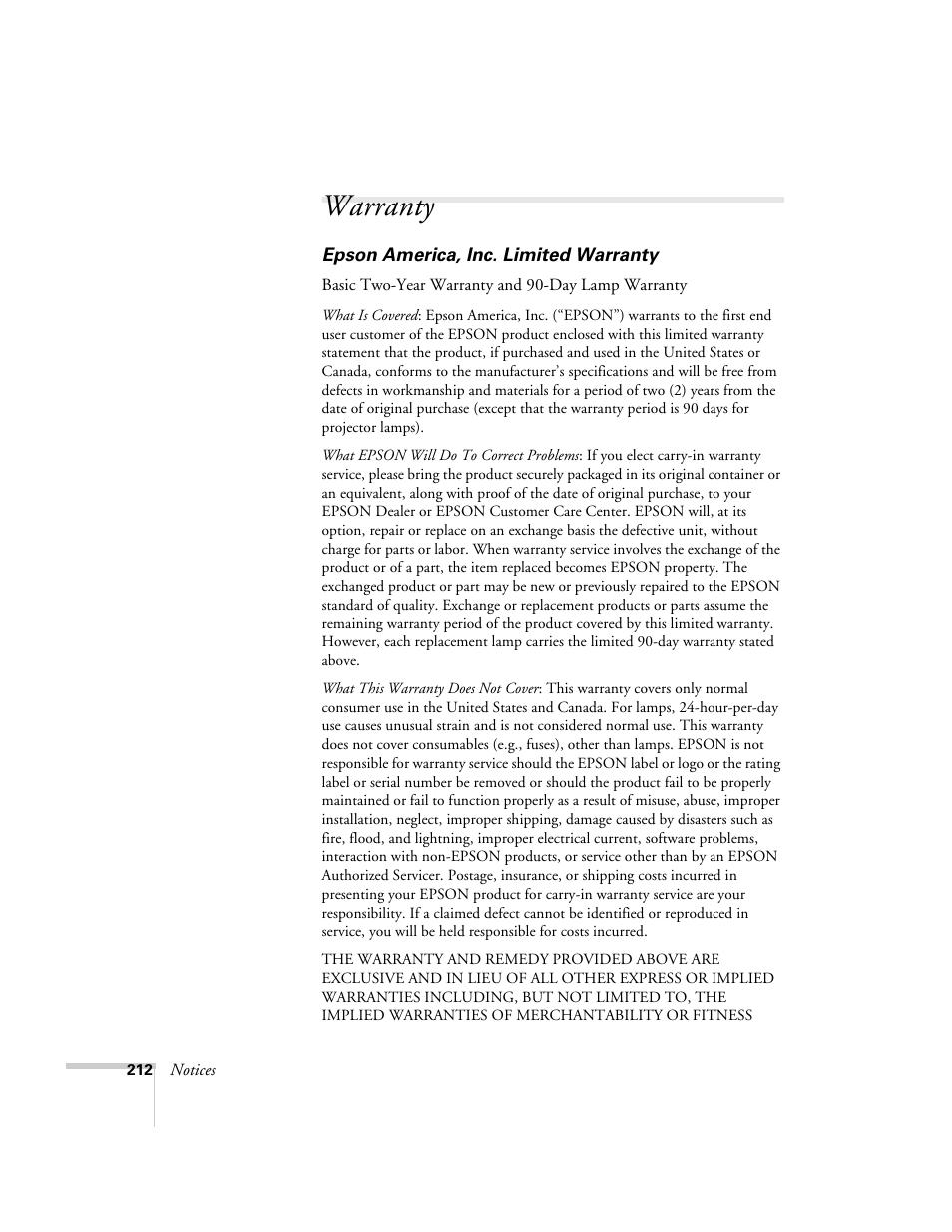 Warranty | Epson 7850p User Manual | Page 212 / 224
