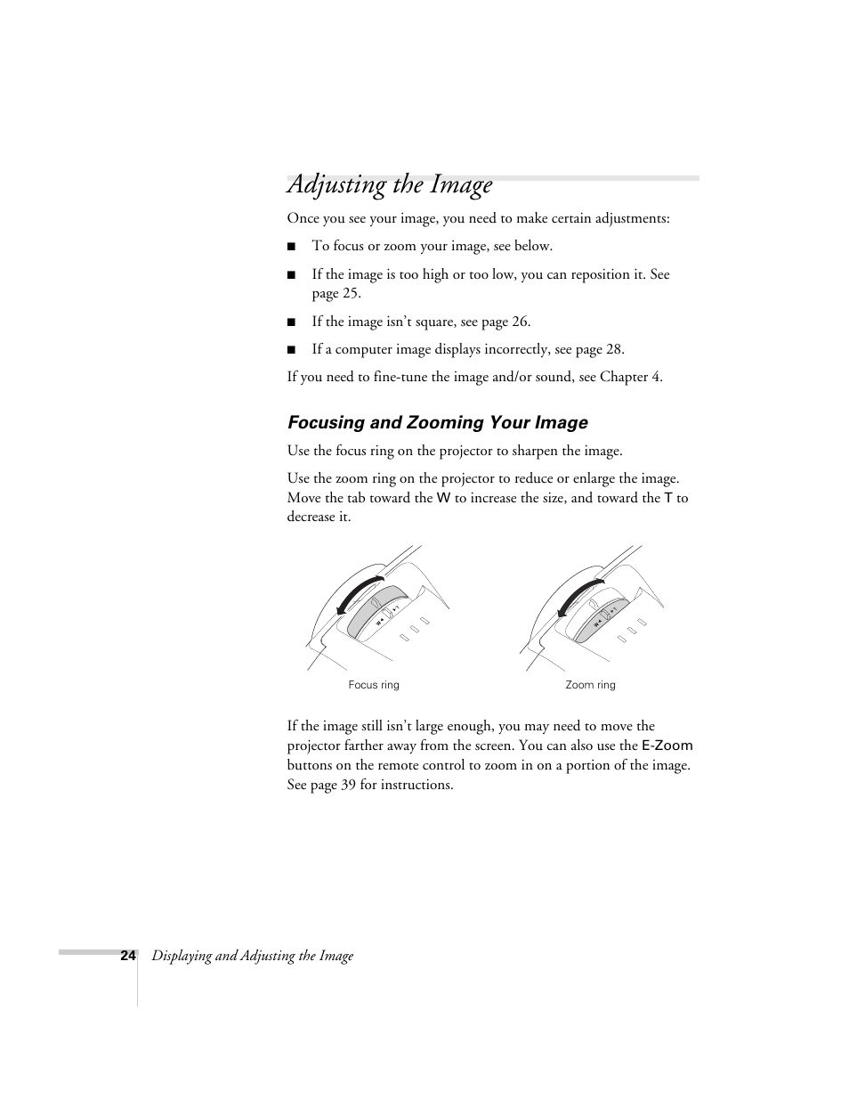 Adjusting the image, Focusing and zooming your image | Epson 7850p User Manual | Page 24 / 224