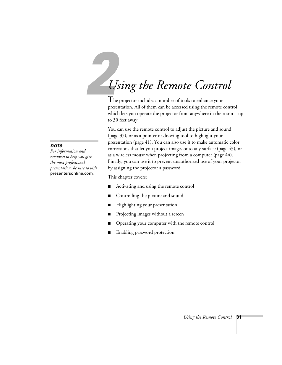 Using the remote control | Epson 7850p User Manual | Page 31 / 224