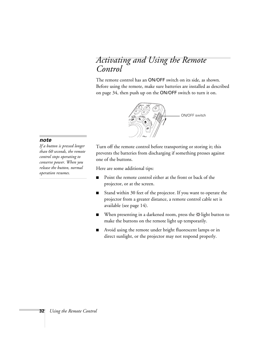 Activating and using the remote control | Epson 7850p User Manual | Page 32 / 224