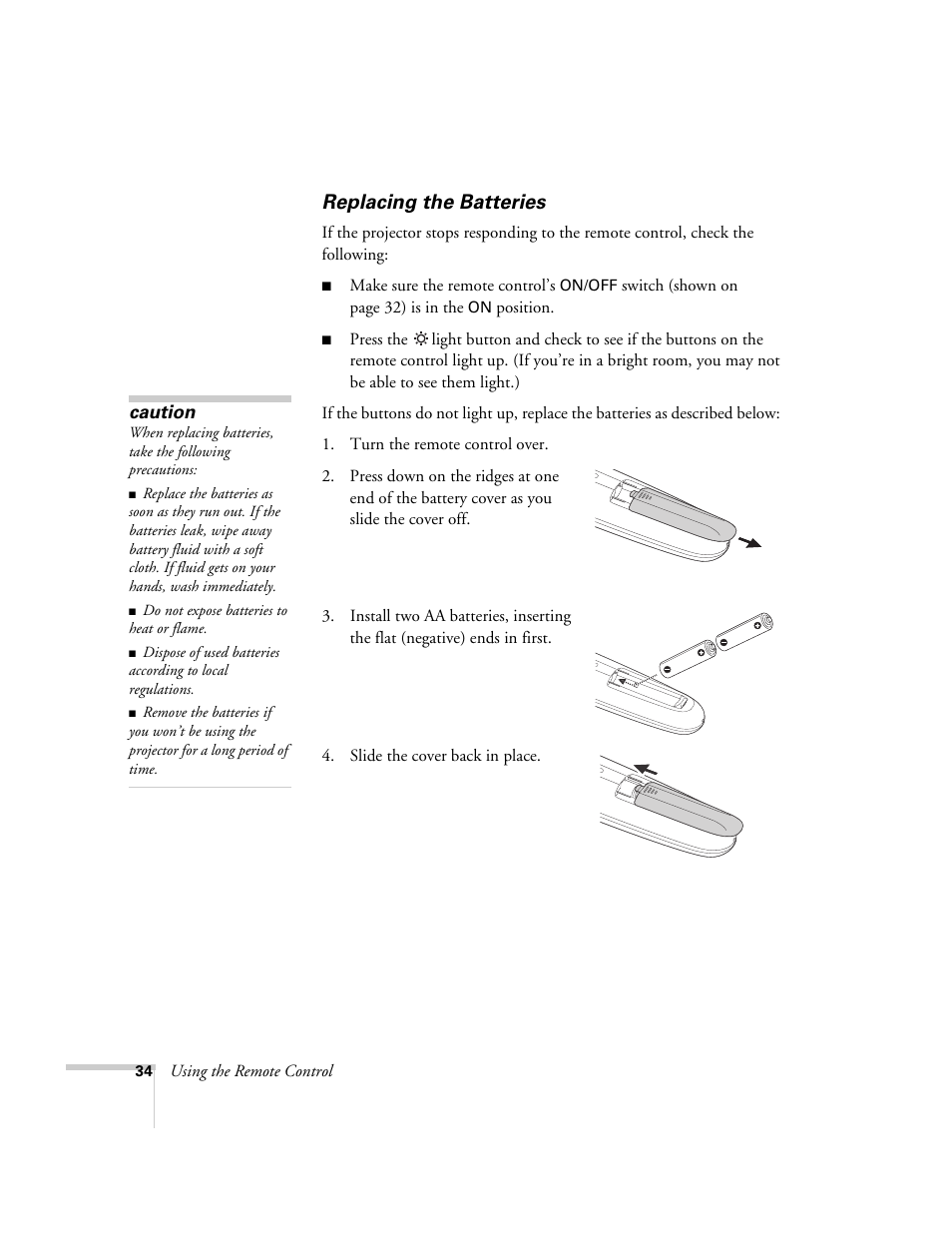 Replacing the batteries | Epson 7850p User Manual | Page 34 / 224