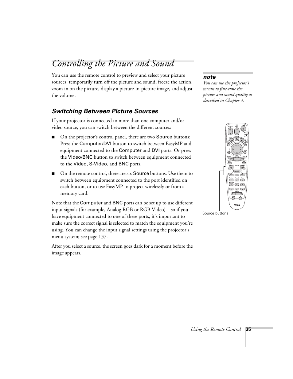 Controlling the picture and sound, Switching between picture sources | Epson 7850p User Manual | Page 35 / 224