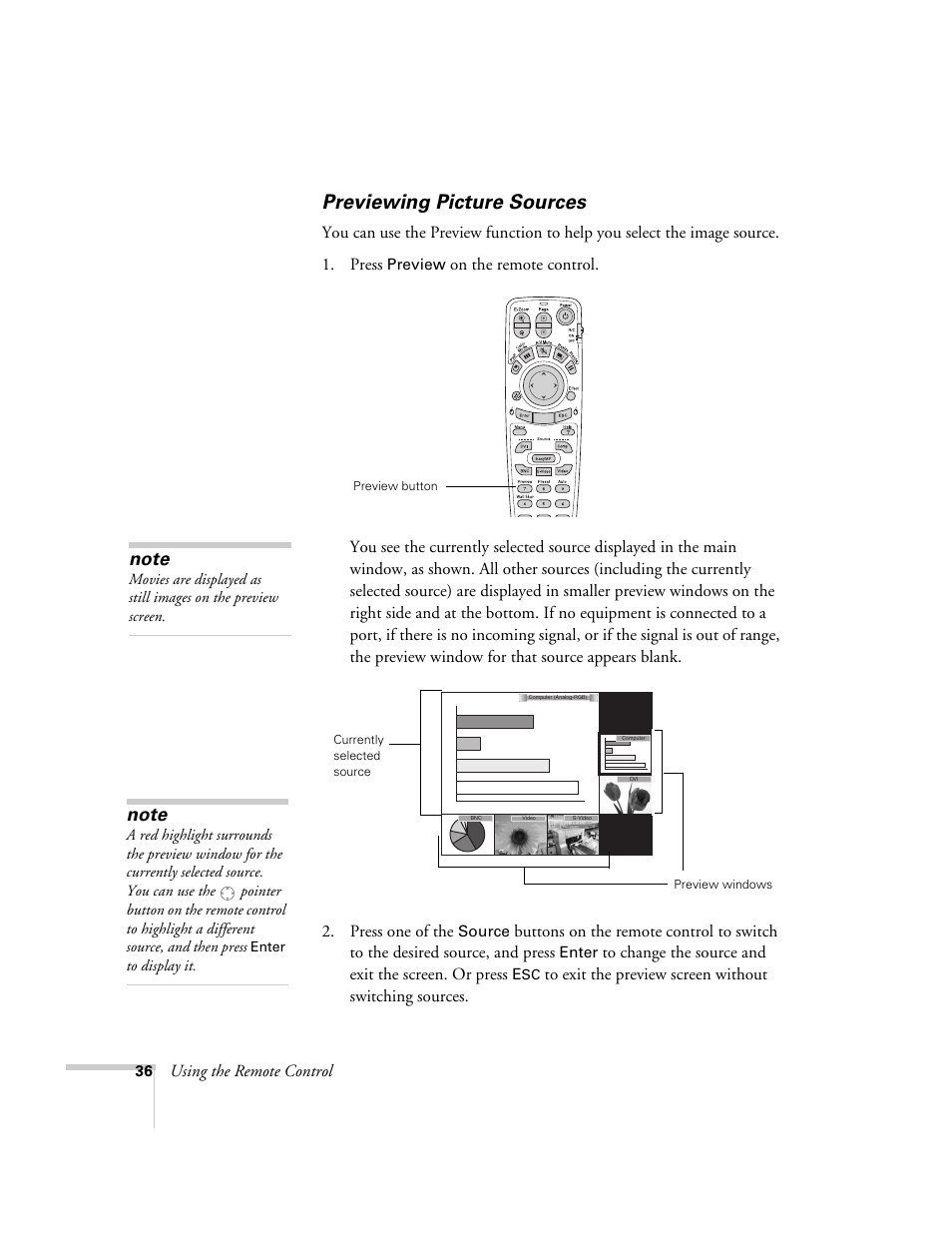 Previewing picture sources | Epson 7850p User Manual | Page 36 / 224