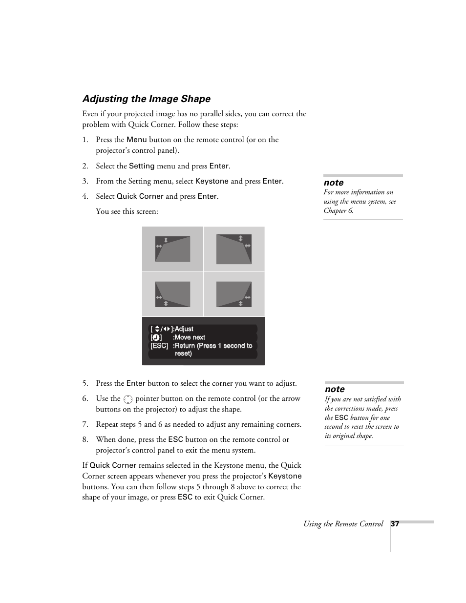 Adjusting the image shape | Epson 7850p User Manual | Page 37 / 224