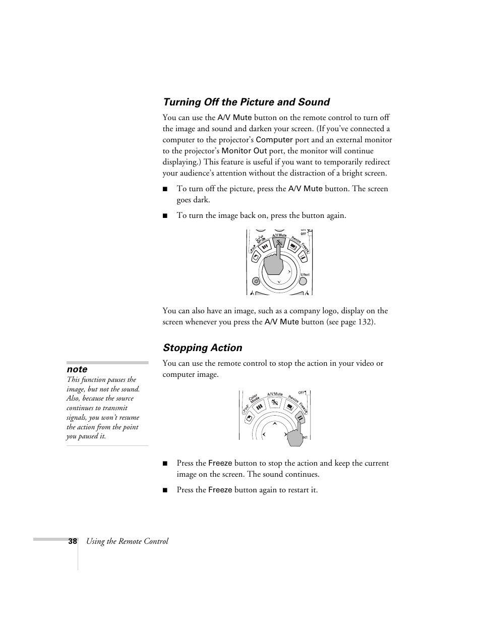 Turning off the picture and sound, Stopping action, Turning off the picture and sound stopping action | Epson 7850p User Manual | Page 38 / 224