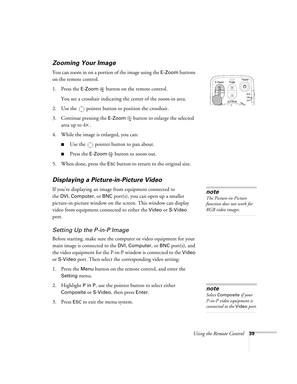 Zooming your image, Displaying a picture-in-picture video | Epson 7850p User Manual | Page 39 / 224