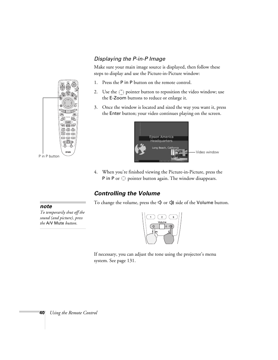 Controlling the volume | Epson 7850p User Manual | Page 40 / 224