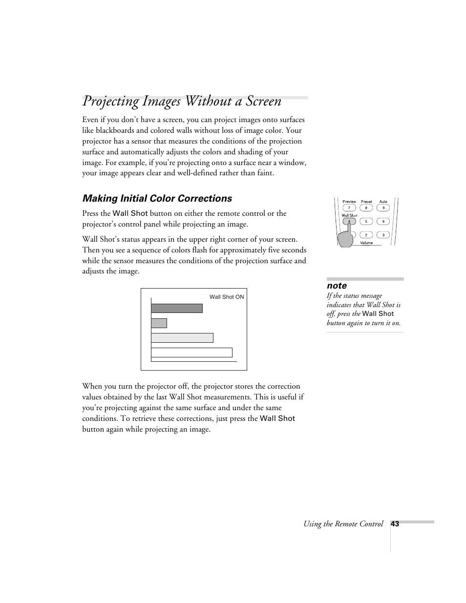 Projecting images without a screen, Making initial color corrections | Epson 7850p User Manual | Page 43 / 224