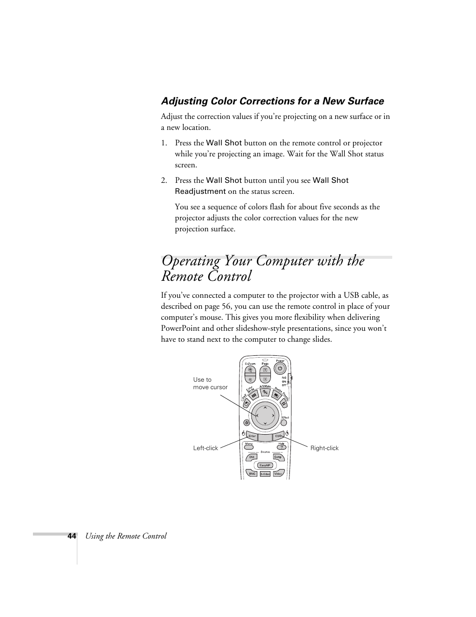 Adjusting color corrections for a new surface, Operating your computer with the remote control | Epson 7850p User Manual | Page 44 / 224
