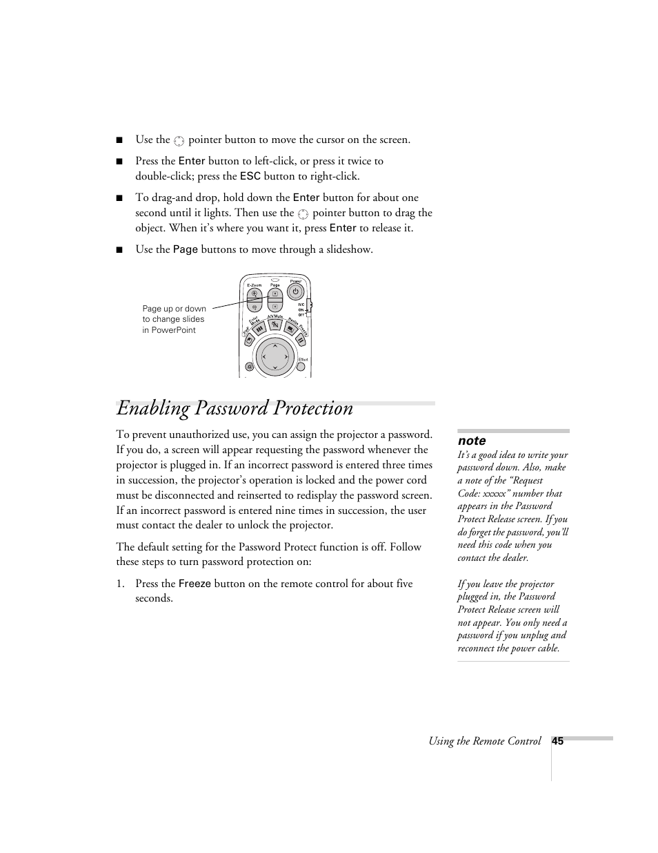 Enabling password protection | Epson 7850p User Manual | Page 45 / 224