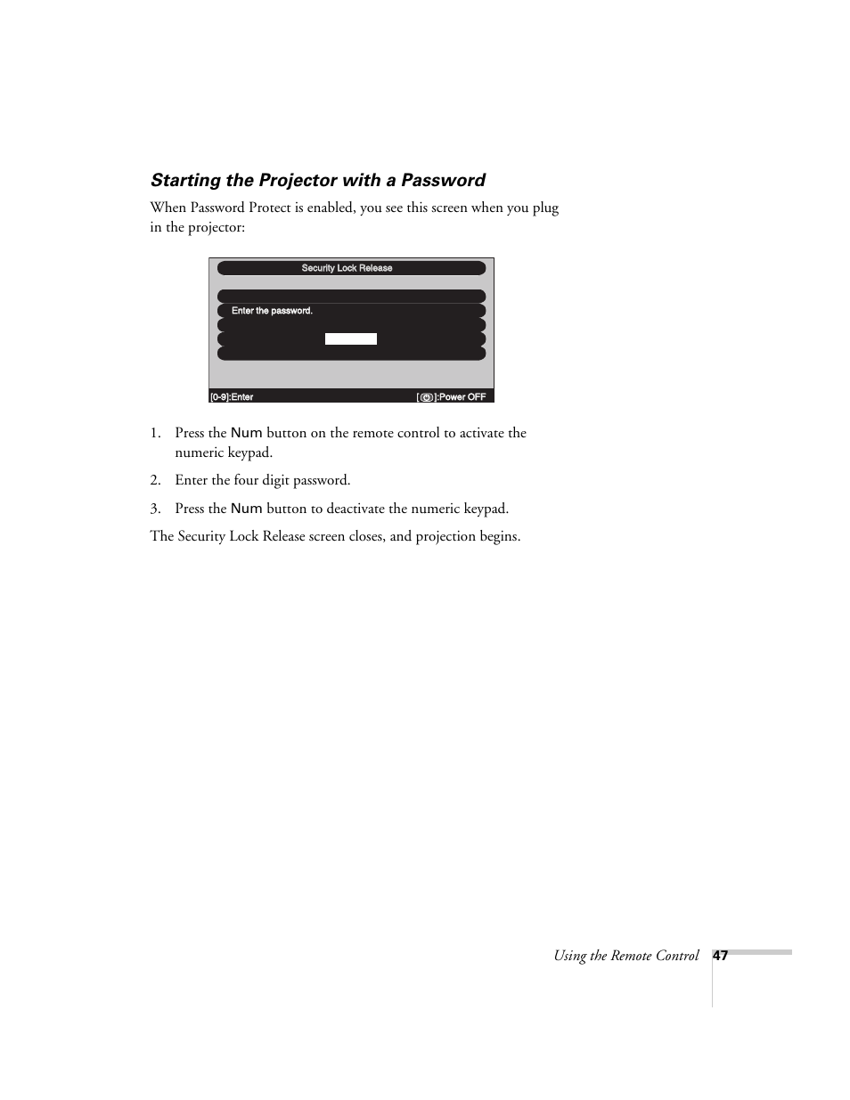 Starting the projector with a password | Epson 7850p User Manual | Page 47 / 224