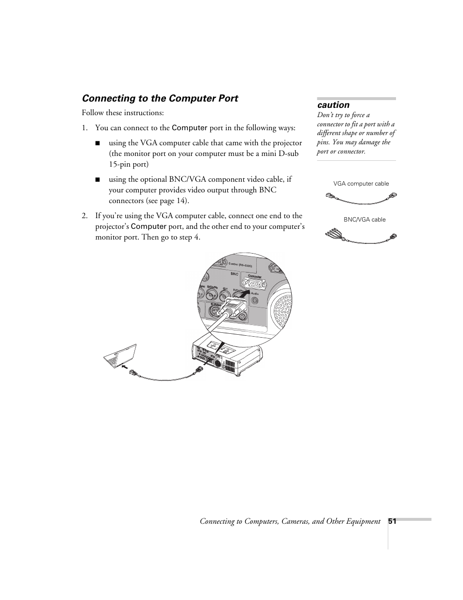 Connecting to the computer port | Epson 7850p User Manual | Page 51 / 224
