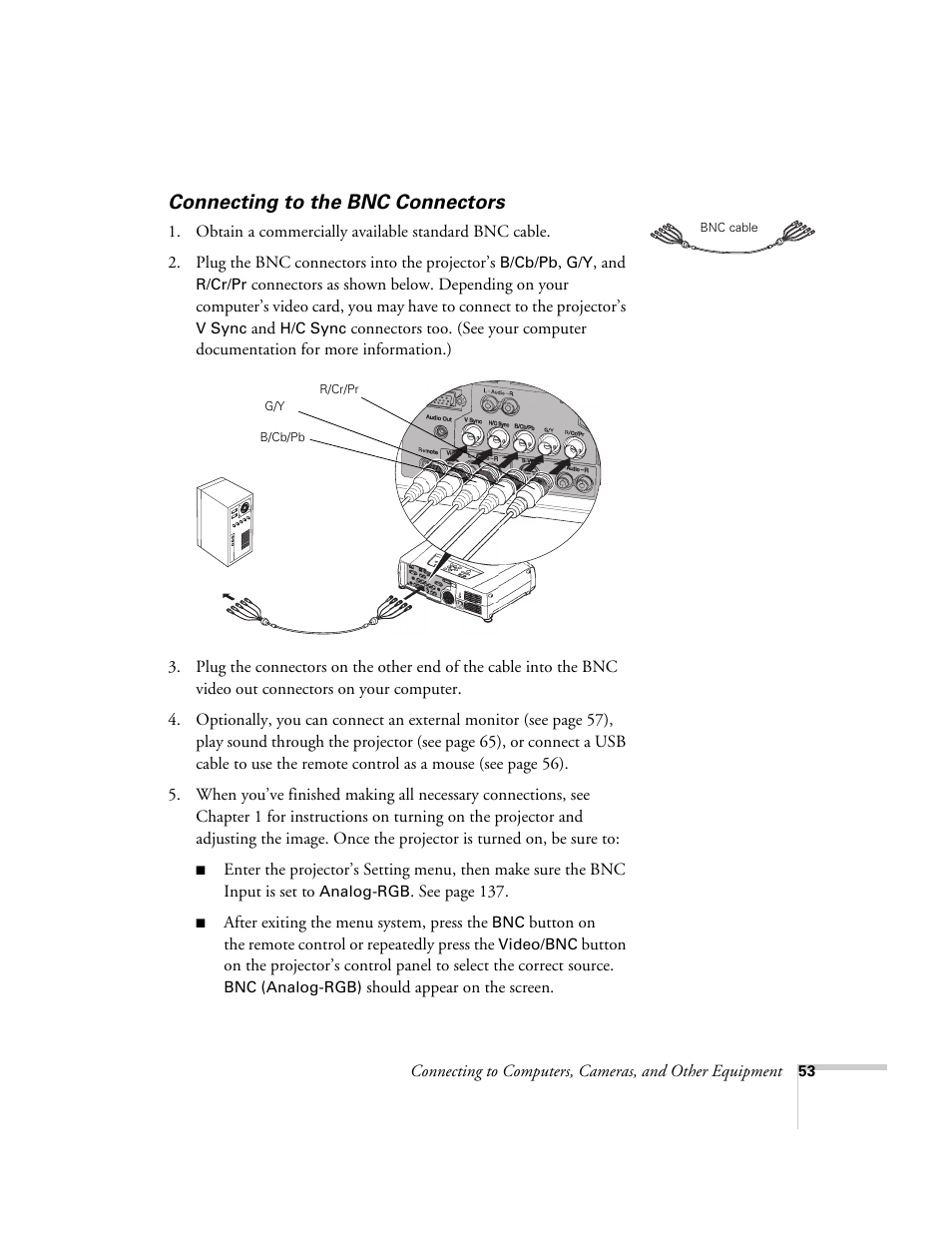 Connecting to the bnc connectors | Epson 7850p User Manual | Page 53 / 224