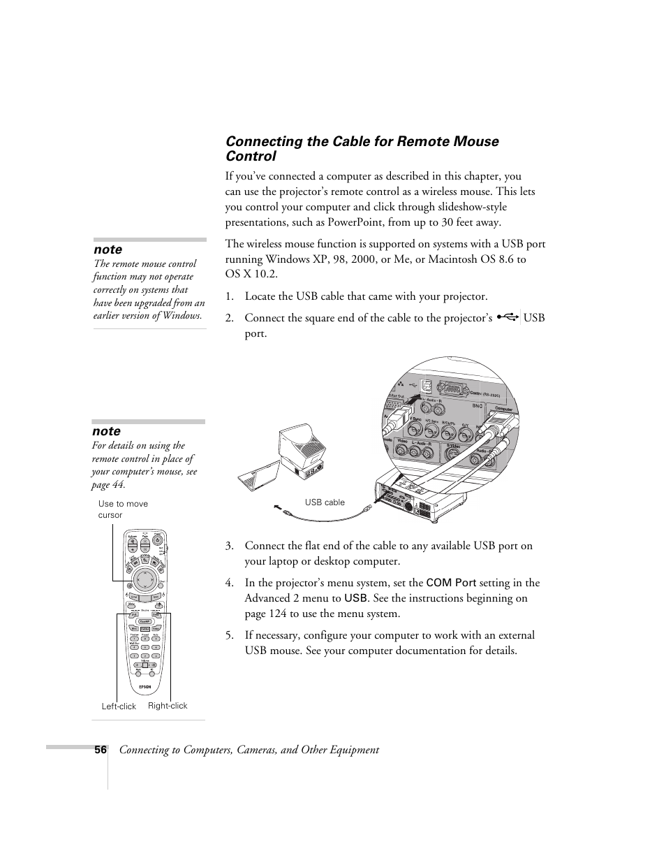 Connecting the cable for remote mouse control | Epson 7850p User Manual | Page 56 / 224