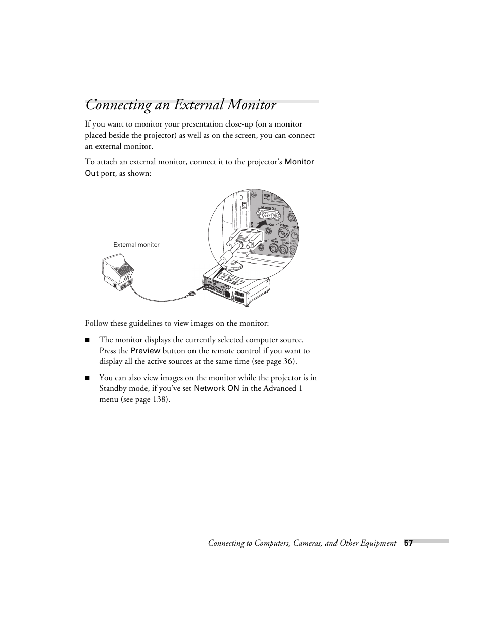 Connecting an external monitor | Epson 7850p User Manual | Page 57 / 224
