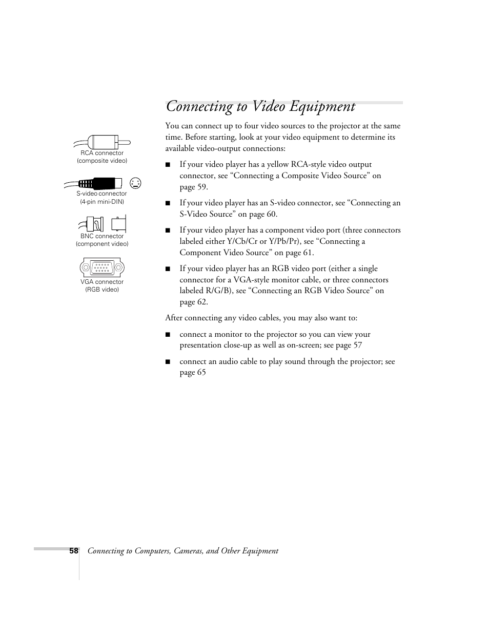 Connecting to video equipment | Epson 7850p User Manual | Page 58 / 224
