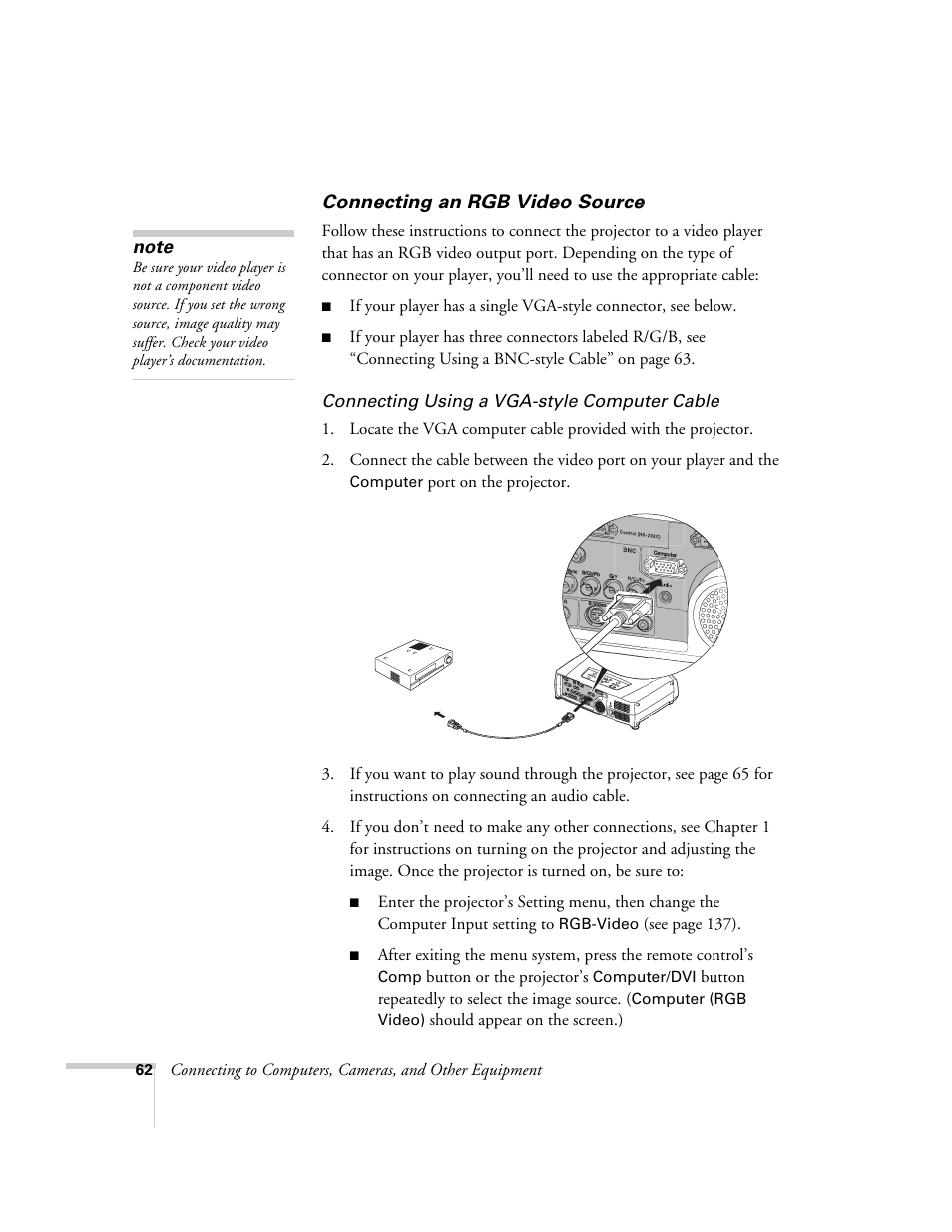 Connecting an rgb video source | Epson 7850p User Manual | Page 62 / 224