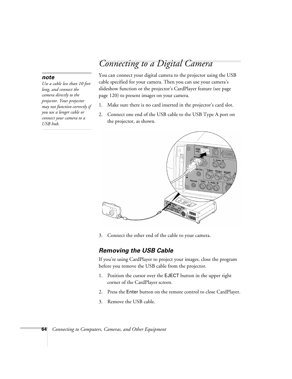 Connecting to a digital camera, Removing the usb cable | Epson 7850p User Manual | Page 64 / 224