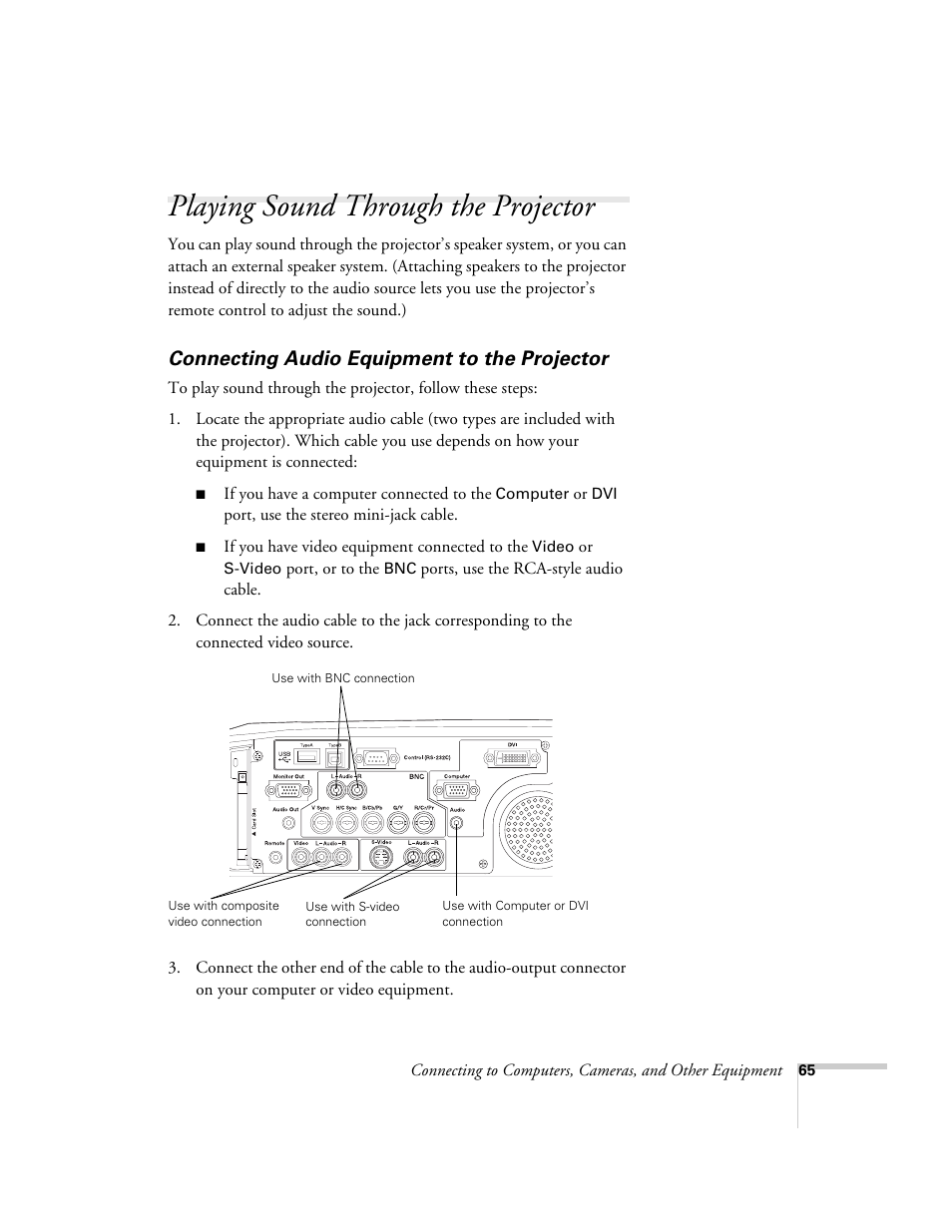 Playing sound through the projector, Connecting audio equipment to the projector | Epson 7850p User Manual | Page 65 / 224