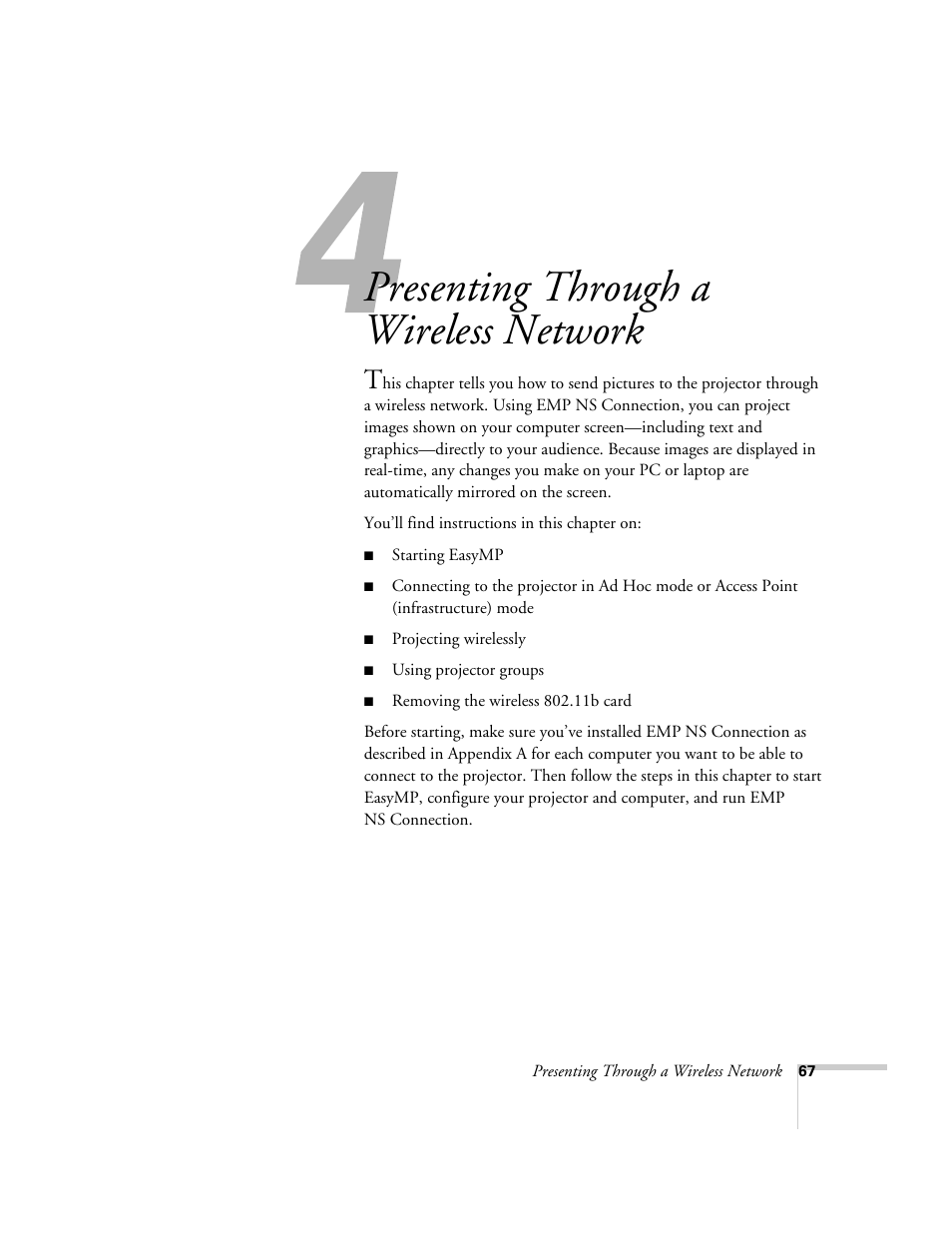 Presenting through a wireless network | Epson 7850p User Manual | Page 67 / 224