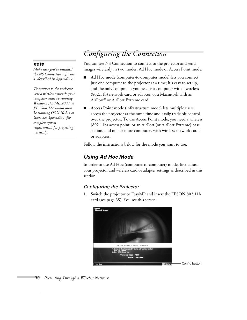 Configuring the connection, Using ad hoc mode | Epson 7850p User Manual | Page 70 / 224
