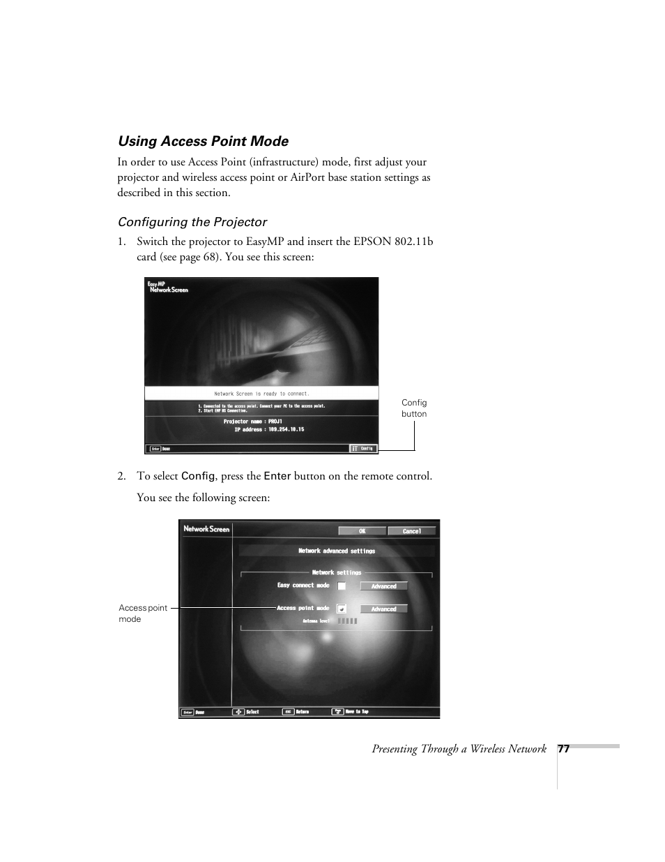 Using access point mode | Epson 7850p User Manual | Page 77 / 224