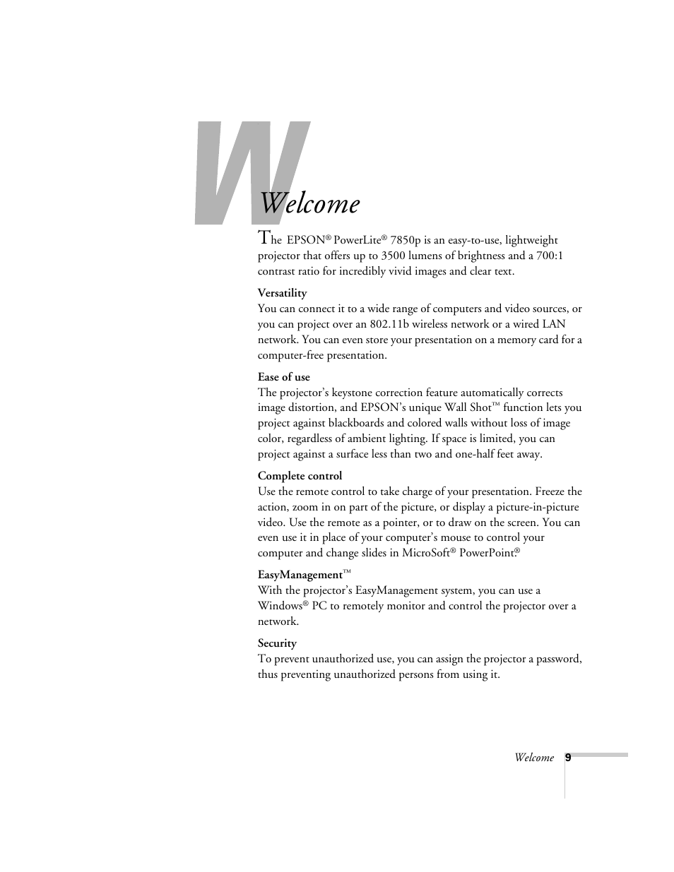 Welcome | Epson 7850p User Manual | Page 9 / 224