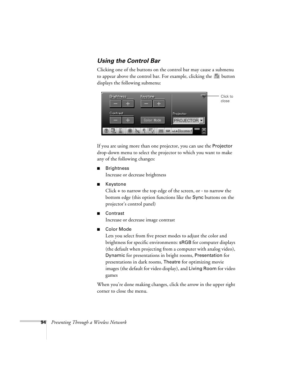 Using the control bar | Epson 7850p User Manual | Page 94 / 224
