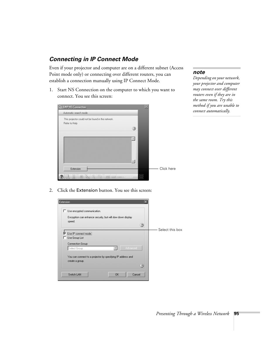 Connecting in ip connect mode | Epson 7850p User Manual | Page 95 / 224