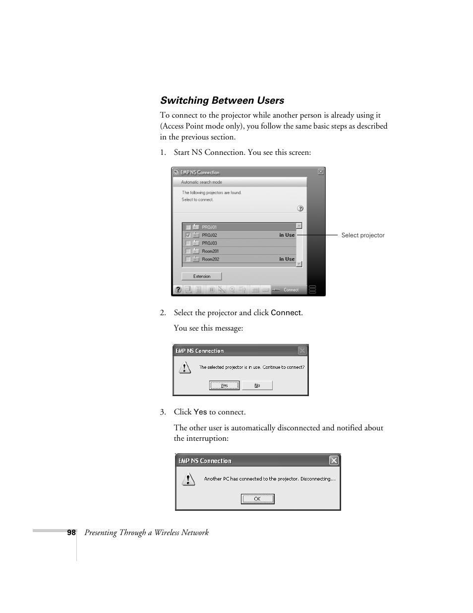 Switching between users | Epson 7850p User Manual | Page 98 / 224