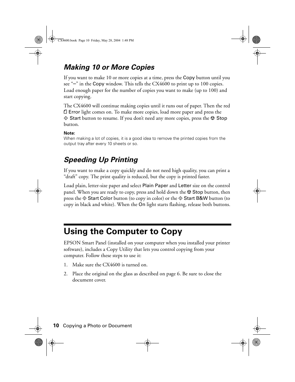 Making 10 or more copies, Speeding up printing, Using the computer to copy | Epson Stylus CX4600 User Manual | Page 10 / 48