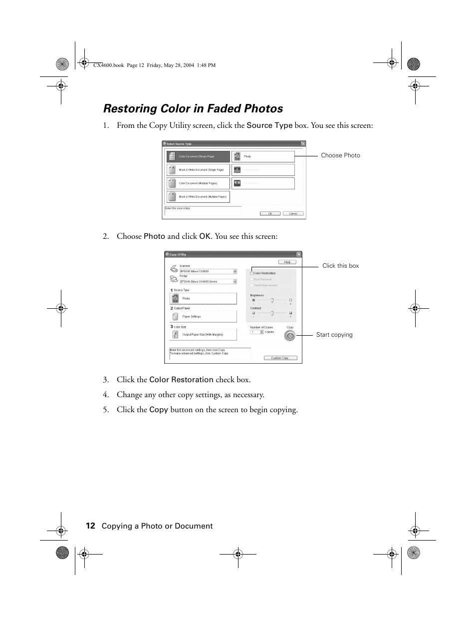 Restoring color in faded photos | Epson Stylus CX4600 User Manual | Page 12 / 48