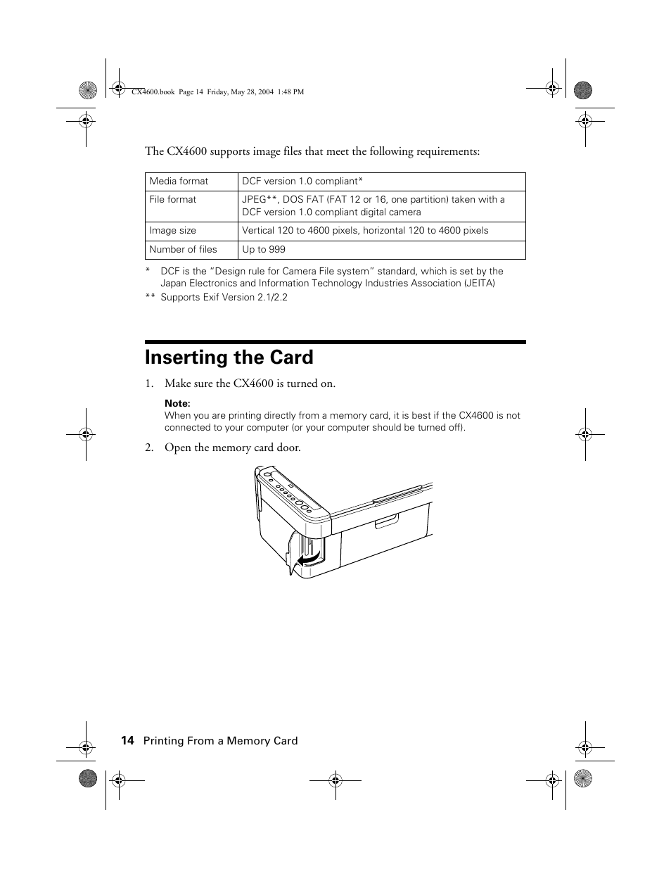 Inserting the card | Epson Stylus CX4600 User Manual | Page 14 / 48