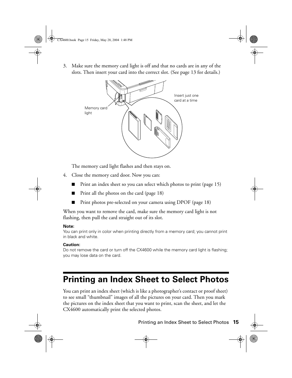 Printing an index sheet to select photos | Epson Stylus CX4600 User Manual | Page 15 / 48