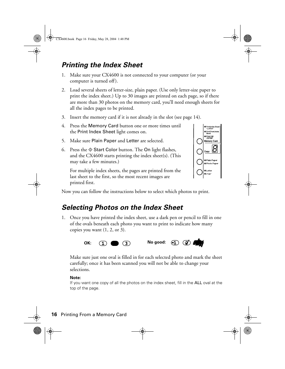 Printing the index sheet, Selecting photos on the index sheet | Epson Stylus CX4600 User Manual | Page 16 / 48