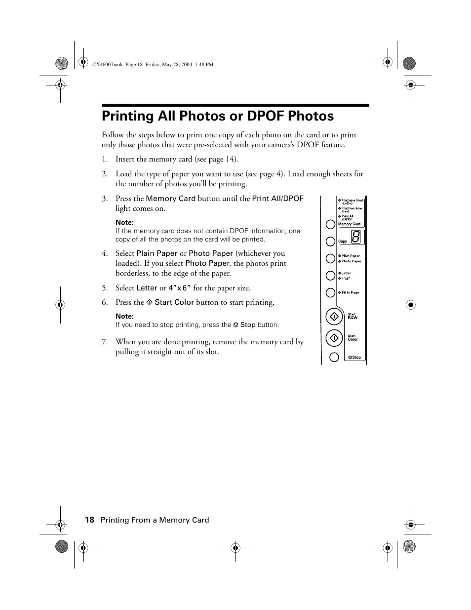 Printing all photos or dpof photos | Epson Stylus CX4600 User Manual | Page 18 / 48