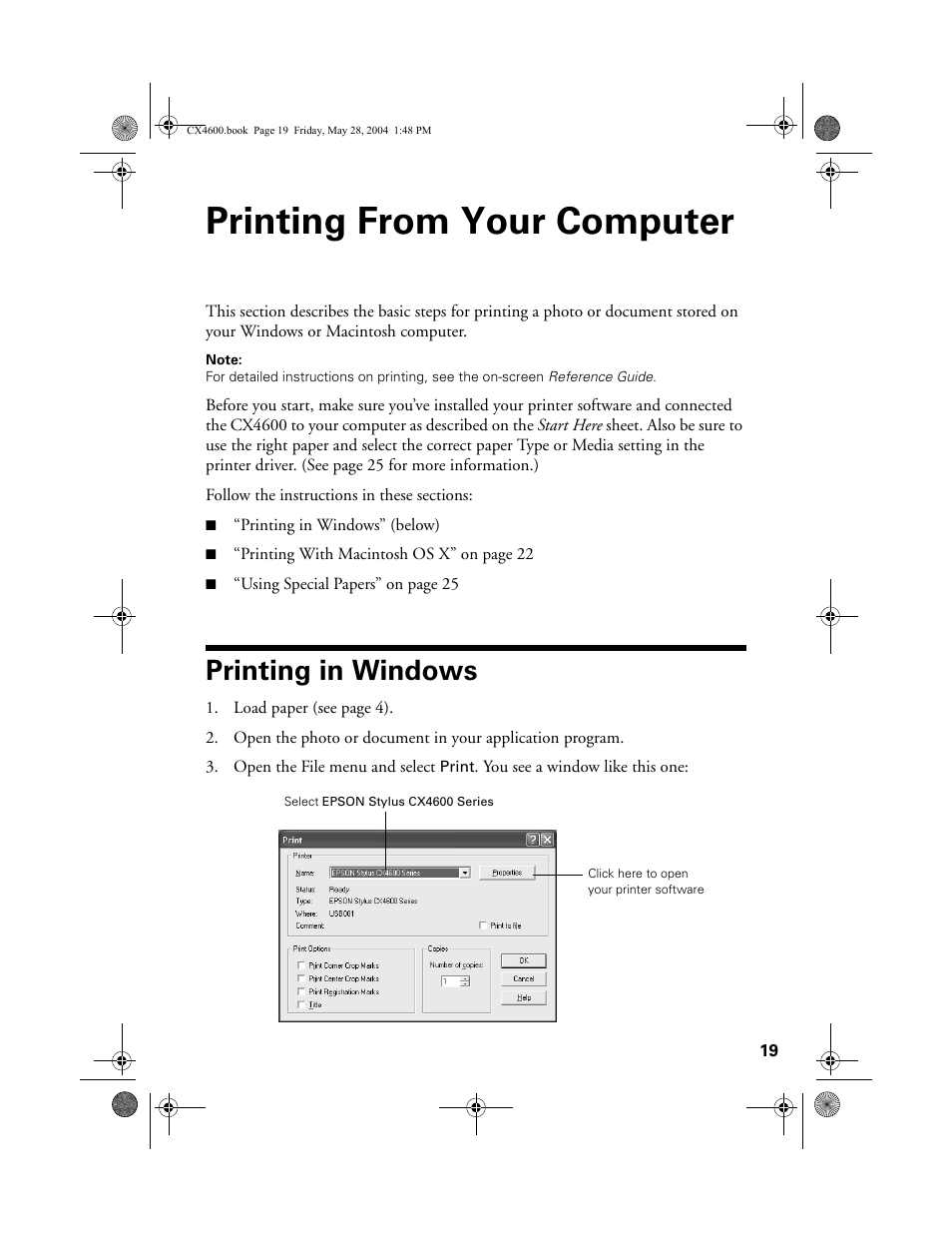 Printing from your computer, Printing in windows | Epson Stylus CX4600 User Manual | Page 19 / 48