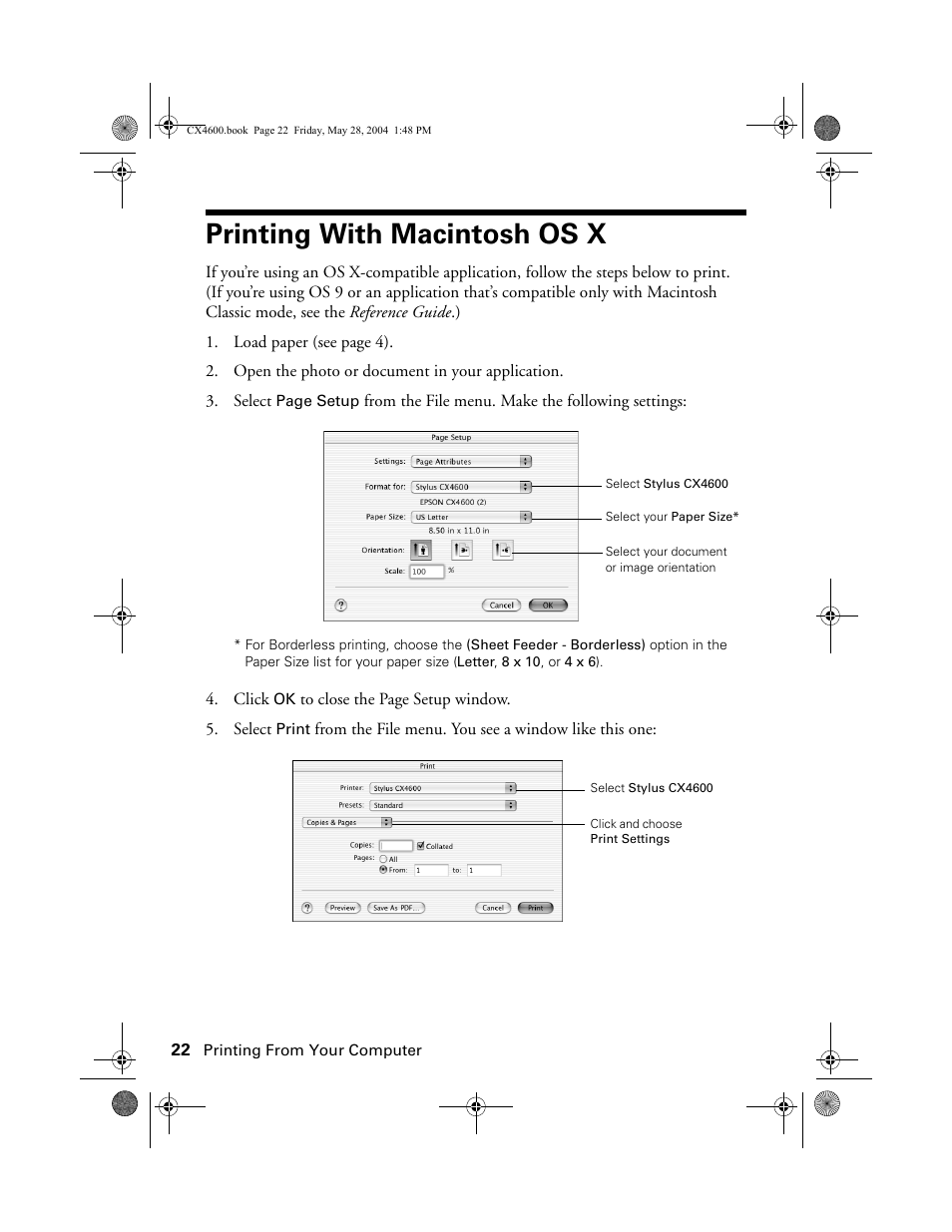 Printing with macintosh os x | Epson Stylus CX4600 User Manual | Page 22 / 48