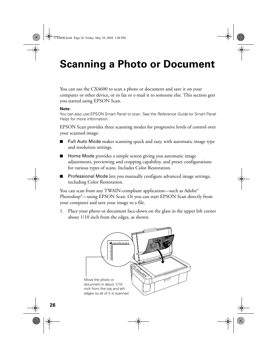Scanning a photo or document | Epson Stylus CX4600 User Manual | Page 26 / 48